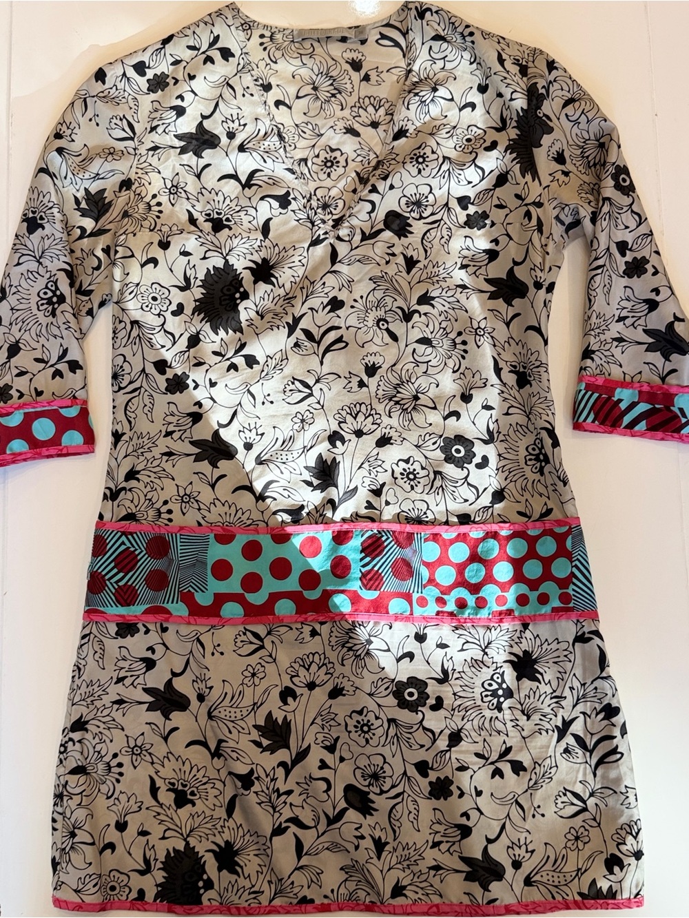 Billtornade Cream and Black Floral Dress with Teal and Pink Accents
